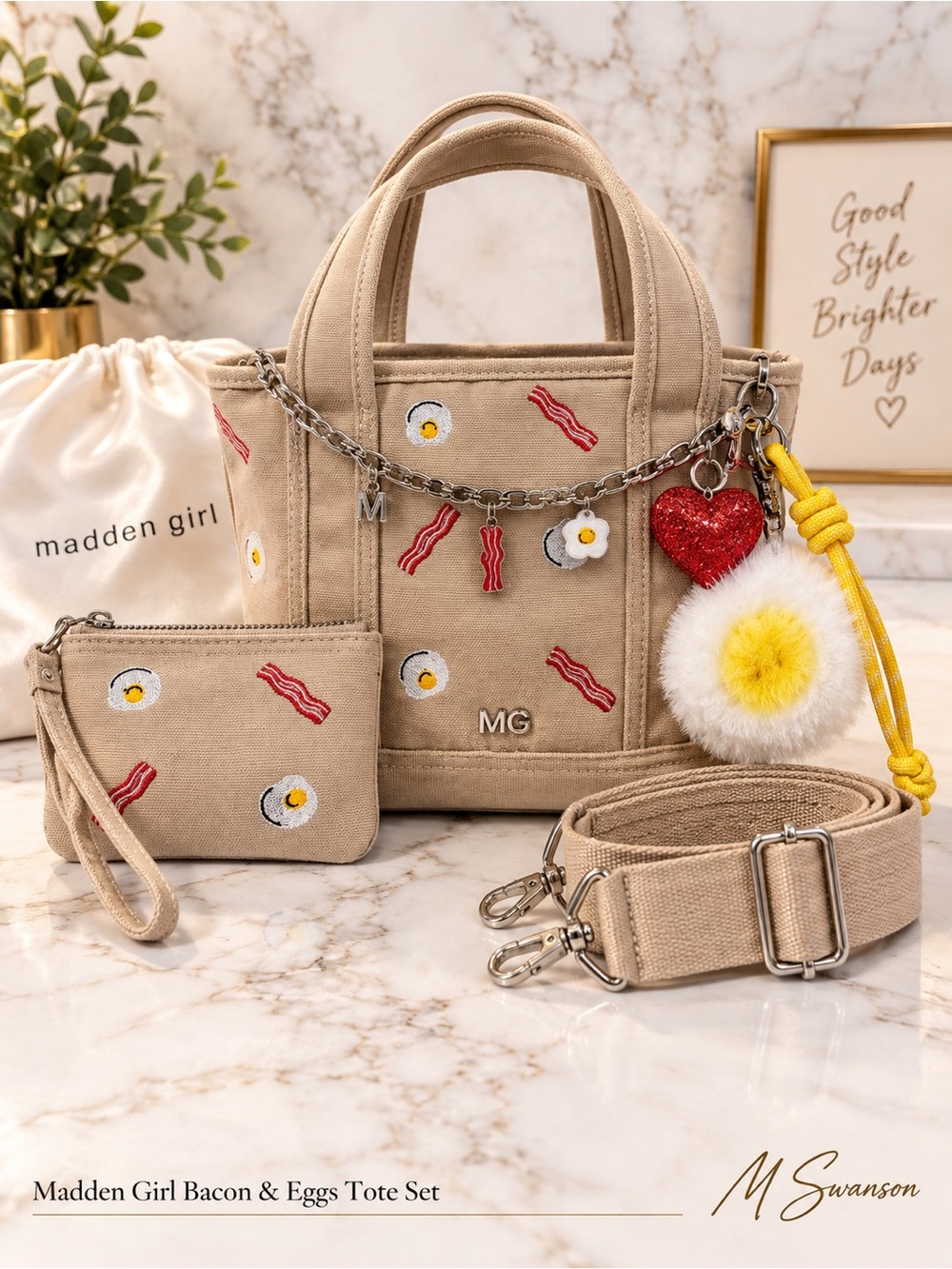 Madden Girl Bacon & Eggs Canvas Tote, Wristlet and Charms Set